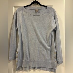 Chico's Soft Blue Crew Neck Sweater with Button Details